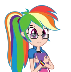 Size: 1308x1313 | Tagged: safe, artist:zacatron94, derpibooru import, editor:michaelsety, rainbow dash, human, equestria girls, adorkable, book, cute, dashabetes, dork, egghead, egghead dash, glasses, holding, human coloration, looking at you, nerd, ponytail, simple background, solo, transparent background