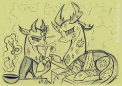 Size: 2290x1617 | Tagged: artist:rossmaniteanzu, bandage, brotherhood, brotherly love, brothers, changedling, changedling brothers, changeling, chipped horn, derpibooru import, duo, gauze, healing, injured, king thorax, magic, male, monochrome, pencil drawing, pharynx, prince pharynx, safe, scissors, sigh, telekinesis, thorax, traditional art