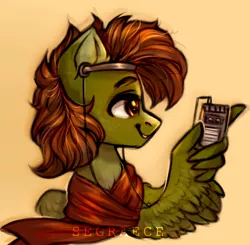 Size: 1024x1002 | Tagged: safe, artist:segraece, derpibooru import, oc, oc:olive hue, unofficial characters only, pegasus, pony, cassette player, clothes, commission, headphones, male, scarf, simple background, smiling, solo, stallion, walkman, wing hands