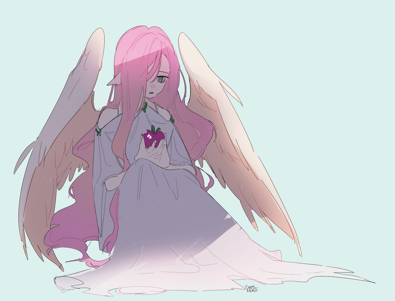 Size: 1611x1228 | Tagged: apple, artist:dusty-munji, clothes, derpibooru import, dress, female, flutterbat, fluttershy, food, green background, human, humanized, looking down, open mouth, race swap, safe, shadow, simple background, sitting, solo, wings