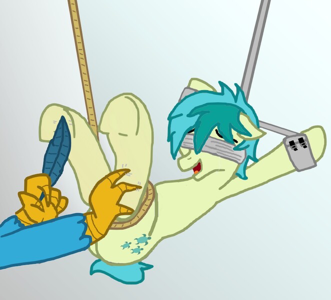 Size: 1500x1360 | Tagged: suggestive, artist:jeannedu30, artist:lulow, derpibooru import, gallus, sandbar, earth pony, gryphon, pony, blindfold, blue background, bondage, erotic tickling, feather, fetish, gallbar, gay, hoof fetish, hoof tickling, male, open mouth, rope, rope bondage, shipping, simple background, spreader bar, tickle fetish, tickle torture, tickling, underhoof