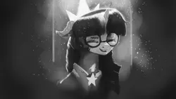 Size: 1920x1080 | Tagged: dead source, safe, artist:hierozaki, derpibooru import, twilight sparkle, pony, adorkable, adorkable twilight, black and white, bust, crown, cute, dork, eyes closed, female, glasses, grayscale, jewelry, mare, monochrome, open mouth, portrait, regalia, smiling, solo