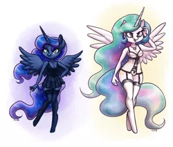 Size: 1510x1280 | Tagged: alicorn, alicorns only, anthro, artist:king-kakapo, babydoll, breasts, busty princess celestia, busty princess luna, cleavage, clothes, cutie mark necklace, derpibooru import, duo, duo female, female, garter belt, garters, lingerie, mare, nightgown, panties, princess celestia, princess luna, purple underwear, ribbon, royal sisters, see-through, smiling, stockings, suggestive, thigh highs, underwear, unguligrade anthro, yellow underwear, zettai ryouiki