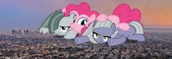 Size: 1968x680 | Tagged: safe, derpibooru import, limestone pie, marble pie, pinkie pie, pony, the maud couple, annoyed, california, city, female, giant ponies in real life, giant pony, giantess, irl, los angeles, macro, photo, ponies in real life, smiling