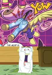 Size: 800x1148 | Tagged: safe, artist:andypriceart, derpibooru import, idw, bulk biceps, fluttershy, pegasus, pony, comic:everything old, on your marks, spoiler:comic, spoiler:comic64, acid, aroused, burned, canonical great butt, clothes, clubhouse, comic, context is for the weak, cropped, crusaders clubhouse, ear piercing, earring, faic, fashion, female, flutterbulk, flutterbutt, front knot midriff, hole, hot pants, jeans, jewelry, knot shirt, literal butthurt, male, mare, midriff, ouch, pain, pants, piercing, plot, shipping, skinny jeans, spread wings, straight, wings, yeah, yow