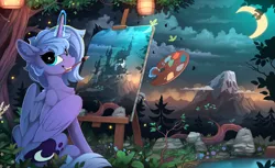 Size: 2310x1410 | Tagged: safe, artist:yakovlev-vad, derpibooru import, princess luna, alicorn, pony, castle, cloud, crescent moon, cute, drawing, female, forest, glowing horn, grin, horn, lantern, levitation, looking at you, looking back, looking back at you, lunabetes, magic, mare, moon, mountain, mouth hold, nature, night, painting, paper lantern, plein air, pond, s1 luna, scenery, scenery porn, sitting, sky, smiling, solo, squee, still life, telekinesis, tree, water, wings