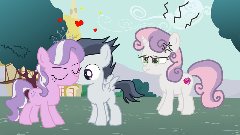 Size: 1600x900 | Tagged: safe, derpibooru import, diamond tiara, rumble, sweetie belle, earth pony, pegasus, pony, unicorn, angry, cross-popping veins, female, filly, jewelry, kissing, male, shipping, straight, tiara, tiarumble