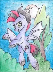 Size: 442x604 | Tagged: safe, artist:pony-paint, derpibooru import, oc, unofficial characters only, bat pony, pony, bat pony oc, flying, male, moon, night, open mouth, solo, stallion, stars, traditional art