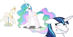 Size: 3932x2011 | Tagged: safe, artist:byteslice, artist:firestorm-can, artist:sketchmcreations, artist:spacekingofspace, derpibooru import, edit, editor:slayerbvc, princess celestia, shining armor, alicorn, unicorn, accessory-less edit, barehoof, blushing, crown, embarrassed, female, horseshoes, jewelry, lip bite, looking back, male, mare, peytral, ponyquin, regalia, simple background, stallion, transparent background, we don't normally wear clothes