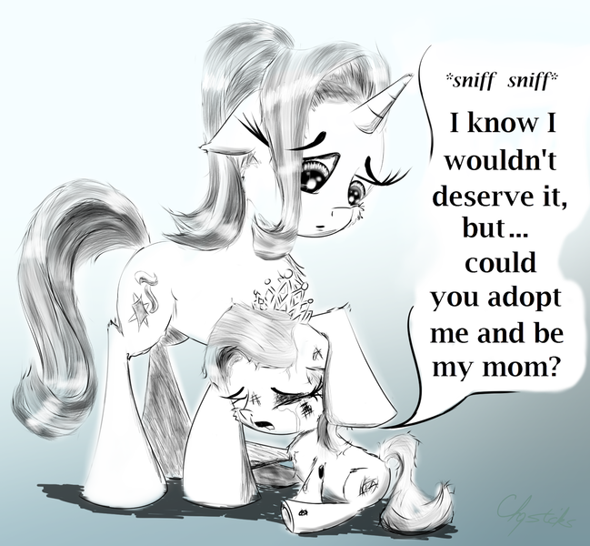 Size: 2000x1849 | Tagged: semi-grimdark, artist:chopsticks, derpibooru import, diamond tiara, starlight glimmer, earth pony, pony, unicorn, abuse, adoption, black eye, comforting, crying, dialogue, duo, duo female, feels, female, foal abuse, glimmerdoption, implied beating, injured, monochrome, mother, scratches, sketch, speech bubble, spoiled bitch, tears of pain, tiarabuse