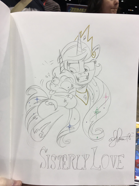 Size: 1536x2048 | Tagged: safe, artist:andypriceart, derpibooru import, princess celestia, princess luna, alicorn, pony, :p, crown, derp, duo, female, grin, hug, jewelry, lidded eyes, mare, puffy cheeks, regalia, sisters, size difference, smiling, smirk, strangling, tongue out, traditional art, wide eyes