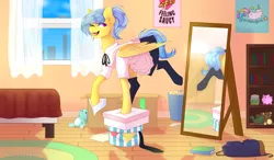 Size: 3539x2069 | Tagged: safe, artist:itsizzybel, derpibooru import, oc, oc:singery anne, unofficial characters only, pegasus, pony, backpack, book, box, clothes, high res, maid, mirror, one eye closed, poster, solo, wink