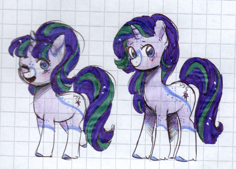 Size: 888x638 | Tagged: safe, artist:s1nb0y, derpibooru import, starlight glimmer, pony, unicorn, alternate design, female, graph paper, mare, one eye closed, solo, traditional art, wink