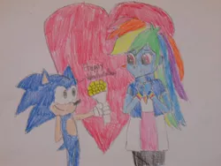 Size: 1024x768 | Tagged: safe, artist:brandonale, derpibooru import, rainbow dash, equestria girls, crossover, female, happy valentines day, heart, holiday, interspecies, male, shipping, sonic the hedgehog, sonic the hedgehog (series), sonicdash, straight, traditional art, valentine's day
