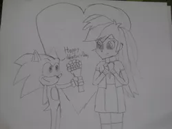 Size: 1024x768 | Tagged: safe, artist:brandonale, derpibooru import, rainbow dash, equestria girls, crossover, female, happy valentines day, heart, holiday, interspecies, male, shipping, sonic the hedgehog, sonic the hedgehog (series), sonicdash, straight, traditional art, valentine's day