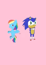 Size: 1364x1900 | Tagged: artist:pumpkin-pie13, crossover, derpibooru import, female, interspecies, male, ms paint, pink background, rainbow dash, safe, shipping, simple background, sonic boom, sonicdash, sonic the hedgehog, sonic the hedgehog (series), straight