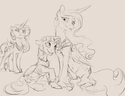 Size: 3300x2550 | Tagged: safe, artist:silfoe, derpibooru import, princess cadance, princess celestia, twilight sparkle, alicorn, pony, unicorn, nomad au, alternate universe, cadance is not amused, female, grayscale, horn, mare, monochrome, raised hoof, royal multiverse, royal sisters, tan background, trio, unamused, unicorn twilight, wings