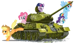 Size: 794x461 | Tagged: safe, artist:3luk, derpibooru import, applejack, fluttershy, pinkie pie, rainbow dash, rarity, twilight sparkle, pony, mane six, simple background, t-34, t-34/85, tank (vehicle), transparent background