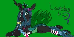 Size: 1600x800 | Tagged: artist:pavlovzdawg, changeling, crown, derpibooru import, female, green background, jewelry, looking at you, queen chrysalis, regalia, safe, simple background