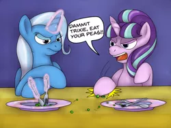 Size: 1600x1200 | Tagged: safe, artist:pavlovzdawg, derpibooru import, starlight glimmer, trixie, pony, unicorn, duo, female, food, fork, mare, pea, plate, spoon