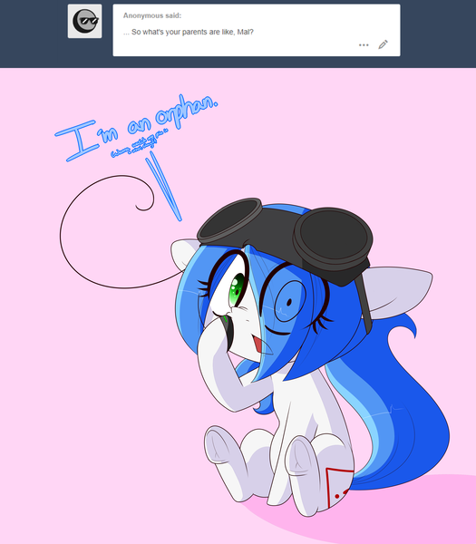 Size: 3500x4000 | Tagged: suggestive, artist:fullmetalpikmin, derpibooru import, oc, oc:mal, unofficial characters only, earth pony, pony, tumblr:ask viewing pleasure, ask, eye clipping through hair, female, frog (hoof), goggles, looking at you, mare, nose picking, pink background, simple background, sitting, solo, tumblr, underhoof