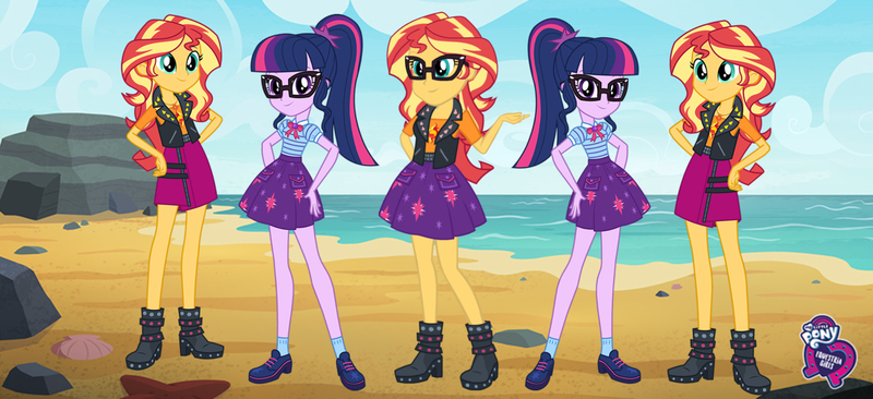 Size: 2304x1053 | Tagged: safe, derpibooru import, sci-twi, sunset shimmer, twilight sparkle, equestria girls, equestria girls series, beach, equestria girls logo, fashion photo booth, multeity, my little pony logo, shimmerstorm, triality, trio, twolight