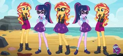 Size: 2304x1053 | Tagged: safe, derpibooru import, sci-twi, sunset shimmer, twilight sparkle, equestria girls, equestria girls series, beach, equestria girls logo, fashion photo booth, multeity, my little pony logo, shimmerstorm, triality, trio, twolight