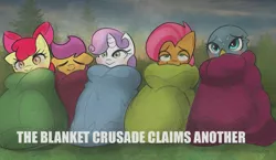 Size: 1107x644 | Tagged: safe, artist:nignogs, derpibooru import, apple bloom, babs seed, gabby, scootaloo, sweetie belle, earth pony, gryphon, pegasus, pony, unicorn, /mlp/, 4chan, blanket, blushing, caption, comfy, cute, cutie mark crusaders, description is relevant, drawthread, female, filly, parody, request, sleepy, smiling, yuru camp