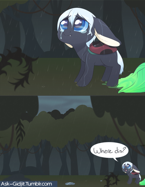 Size: 2550x3300 | Tagged: safe, artist:noodlefreak88, derpibooru import, oc, oc:gidjit, unofficial characters only, ladybug, pony, tumblr:ask-gidjit, comic, disguise, disguised changeling, everfree forest, rain, sad, solo, wet