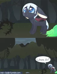 Size: 2550x3300 | Tagged: safe, artist:noodlefreak88, derpibooru import, oc, oc:gidjit, unofficial characters only, ladybug, pony, tumblr:ask-gidjit, comic, disguise, disguised changeling, everfree forest, rain, sad, solo, wet