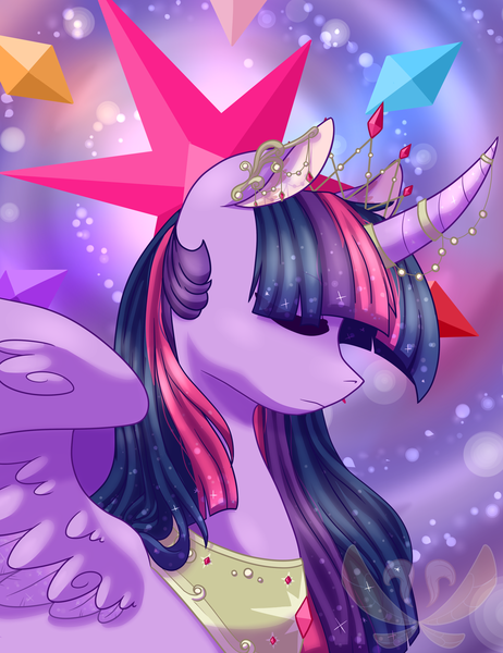 Size: 2000x2600 | Tagged: safe, artist:cloureed, derpibooru import, twilight sparkle, twilight sparkle (alicorn), alicorn, pony, curved horn, eyes closed, horn jewelry, lightly watermarked, queen twilight, solo, watermark