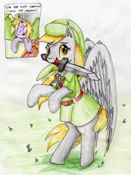 Size: 2271x3037 | Tagged: safe, artist:40kponyguy, derpibooru import, derpy hooves, dinky hooves, pegasus, pony, unicorn, bipedal, clothes, cosplay, costume, crossover, cute, derpabetes, dinkabetes, ear fluff, equestria's best daughter, equestria's best mother, eyes closed, female, filly, fourth wall, grass, looking at you, micro, mother and daughter, mouth hold, requested art, sword, talking to viewer, the legend of zelda, tiny ponies, traditional art, weapon