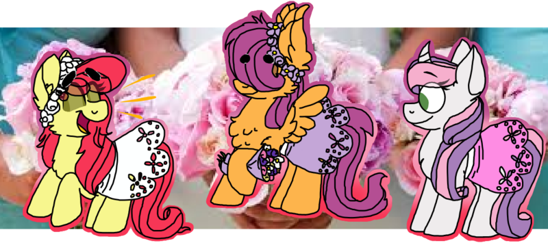 Size: 1136x504 | Tagged: apple bloom, artist:latiapainting, chest fluff, clothes, cutie mark crusaders, derpibooru import, dress, flower, marriage, redraw, safe, scootaloo, sweetie belle, toy, trio, wedding, wedding dress, wedding flower fillies