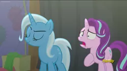 Size: 1280x720 | Tagged: safe, derpibooru import, screencap, starlight glimmer, trixie, pony, unicorn, no second prances, about to cry, arrogant, backstage, betrayed, careless, duo, eyes closed, faic, female, heartbreak, hoof on chest, jaw drop, mare, mistake, oops, sad, shrunken pupils, sin of pride, smiling, smirk
