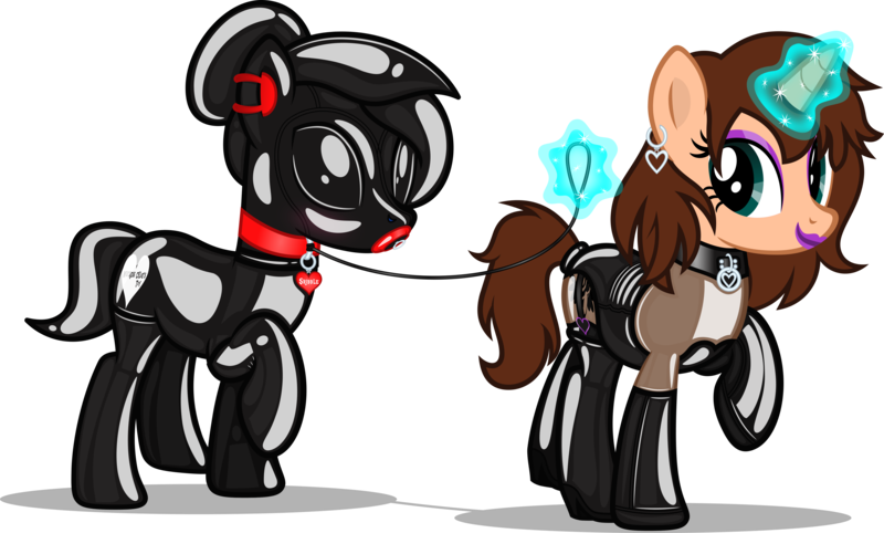 Size: 4977x3000 | Tagged: questionable, artist:applec1234, deleted from derpibooru, derpibooru import, oc, oc:chloe adore, oc:scribe pen, earth pony, pony, unicorn, blindfold, bondage, boots, choker, clothes, collar, ear piercing, ear plugs, earring, eyeshadow, female, gag, gimp suit, gloves, heart, high heel boots, jewelry, latex, latex gloves, latex socks, latex suit, leash, leotard, lipstick, makeup, male, mane covered, masked, pecker gag, pet tag, piercing, ring gag, rubber, rubber suit, sensory deprivation, shiny, shoes, show accurate, simple background, socks, tail covered, tail sack, thigh highs, transparent background, vector, walking