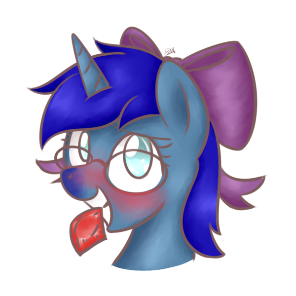 Size: 1024x1024 | Tagged: suggestive, artist:sugar morning, derpibooru import, oc, oc:save state, unofficial characters only, pony, unicorn, blushing, bow, bust, commission, condom, condom wrapper, cute, female, glasses, hair bow, mare, mouth hold, portrait, ribbon, signature, simple background, solo, transparent background