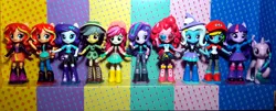 Size: 4128x1668 | Tagged: safe, derpibooru import, daring do, pinkie pie, rainbow dash, rarity, roseluck, starlight glimmer, sunset shimmer, trixie, twilight sparkle, pony, equestria girls, 3d glasses, brushable, cap, clothes, collection, doll, duality, equestria girls minis, hat, human ponidox, irl, photo, self paradox, self ponidox, toy, trixie's hat