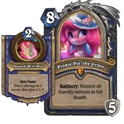 Size: 587x587 | Tagged: safe, artist:vanillaghosties, derpibooru import, editor:luxuria, pinkie pie, earth pony, pony, blizzard entertainment, card, clothes, female, food, grin, gypsy pie, hat, hearthpwny, hearthstone, hero card, hero power, mare, pie, simple background, smiling, squee, transparent background, warcraft