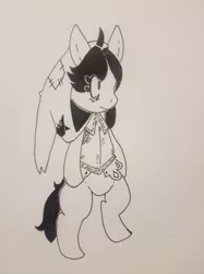 Size: 2867x3823 | Tagged: safe, artist:shpace, derpibooru import, oc, oc:floor bored, unofficial characters only, earth pony, pony, bipedal, black and white, clothes, female, grayscale, mare, monochrome, rpg, simple background, solo, traditional art