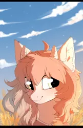 Size: 1000x1547 | Tagged: safe, artist:am927, derpibooru import, oc, unofficial characters only, pony, blushing, bust, cloud, ear fluff, female, field, horns, looking sideways, mare, sky, solo