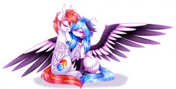 Size: 3658x1865 | Tagged: safe, artist:honeybbear, derpibooru import, oc, oc:beatz, oc:heartfire, pegasus, pony, female, hug, male, mare, simple background, sitting, spread wings, stallion, two toned wings, white background, wings