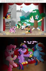 Size: 2161x3319 | Tagged: safe, artist:poseidonathenea, derpibooru import, apple bloom, pinkie pie, princess celestia, rainbow dash, scootaloo, spike, sweetie belle, twilight sparkle, twilight sparkle (alicorn), alicorn, dragon, earth pony, goat, pegasus, pony, unicorn, horse play, :o, :t, audience, awkward, camcorder, castle, clothes, colt, comic, costume, cute, cutelestia, cutie mark crusaders, digital art, dress, drool, eating, eyes closed, female, filly, floppy ears, food, frown, hat, high res, hoof hold, leaning, lidded eyes, male, mare, open mouth, play, popcorn, puffy cheeks, raised hoof, sitting, sleeping, smiling, stage, theater, tree, unamused, video camera, waving
