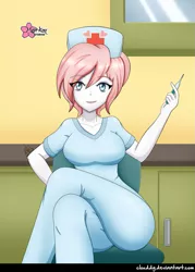 Size: 715x1000 | Tagged: safe, artist:clouddg, derpibooru import, nurse redheart, equestria girls, breasts, busty nurse redheart, chair, crossed legs, female, hat, helloooooo nurse, looking at you, nurse, nurse hat, scrubs, signature, sitting, smiling, solo, thermometer