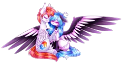 Size: 3658x1865 | Tagged: safe, artist:honeybbear, derpibooru import, oc, oc:beatz, oc:heartfire, unofficial characters only, pegasus, pony, clothes, colored wings, cuddling, duo, ear fluff, ear piercing, eyes closed, female, floppy ears, male, mare, piercing, simple background, sitting, socks, spread wings, stallion, transparent background, two toned wings, wings