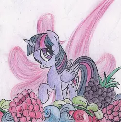 Size: 602x604 | Tagged: safe, artist:pony-paint, derpibooru import, part of a set, twilight sparkle, twilight sparkle (alicorn), alicorn, pony, blackberry, blueberry, cowberry, female, folded wings, food, looking at you, looking sideways, mare, raised hoof, raspberry (food), smiling, solo, three quarter view, traditional art, wings