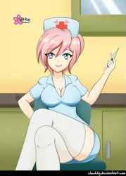 Size: 715x1000 | Tagged: suggestive, artist:clouddg, derpibooru import, nurse redheart, equestria girls, breasts, busty nurse redheart, chair, cleavage, clothes, crossed legs, female, helloooooo nurse, hospital, human coloration, legs, looking at you, sexy, sitting, solo, solo female, stupid sexy nurse redheart, syringe, thighs