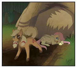 Size: 747x656 | Tagged: safe, artist:brysfine, derpibooru import, applejack, fluttershy, dragon, earth pony, pegasus, pony, blood, crying, cutie mark, dirty, duo, everfree forest, female, forest, freckles, hair tie, injured, lying down, mare, mud, muddy, offscreen character, pigtails, protecting, rock, shadow, younger