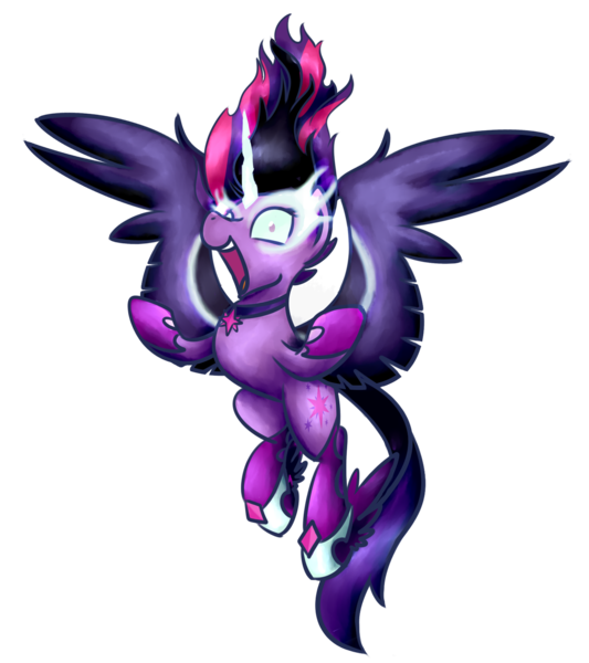 Size: 1600x1800 | Tagged: safe, artist:sugar morning, derpibooru import, sci-twi, twilight sparkle, ponified, pony, villains of equestria collab, equestria girls, collaboration, equestria girls ponified, evil, evil laugh, flying, laughing, midnight sparkle, open mouth, simple background, solo, spread wings, transparent background, wings