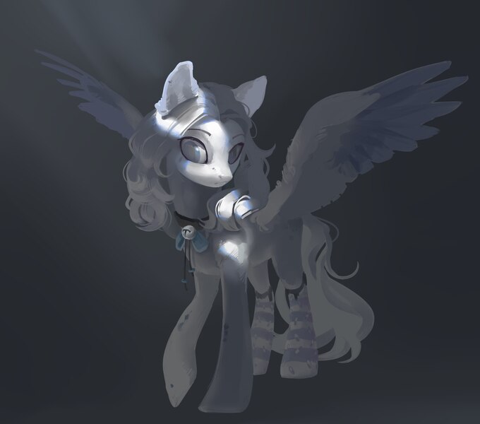 Size: 2449x2160 | Tagged: safe, artist:yanisfucker, derpibooru import, oc, unofficial characters only, pegasus, pony, abstract background, bell, bell collar, blank flank, clothes, collar, crepuscular rays, dappled, female, mare, shadow, socks, solo, spread wings, striped socks, white hair, wings