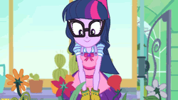 Size: 500x281 | Tagged: safe, derpibooru import, screencap, sci-twi, twilight sparkle, equestria girls, equestria girls series, my little shop of horrors, animated, cactus, cute, plants, room to grow, twiabetes